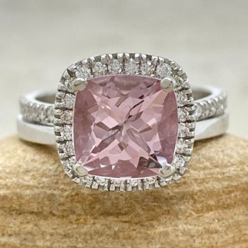 Cushion Cut Pink Morganite Diamond Ring Set White Gold Platinum LS6778