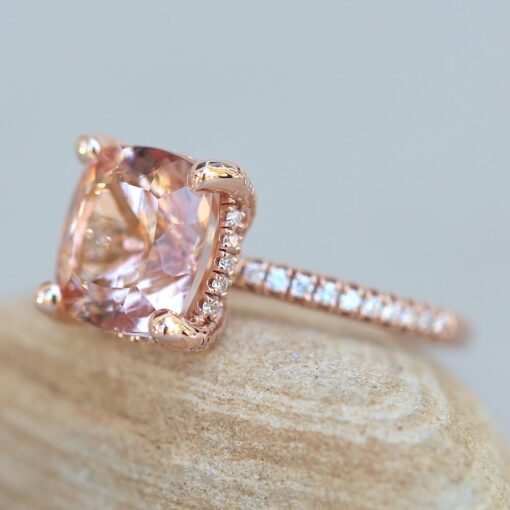 Diamond Prong Pink Morganite Ring Cushion Cut 18k Rose Gold LS6588