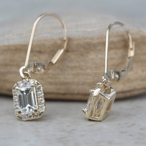 Emerald Cut Lab Grown Diamond Halo Dangle Earrings Yellow Gold LS6200