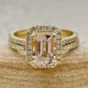 Emerald Cut Morganite Diamond Halo Wedding Ring Set Yellow Gold LS6758