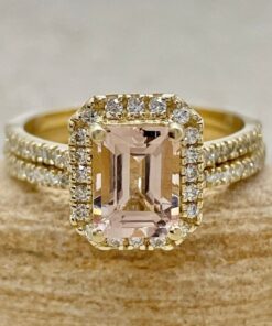 Emerald Cut Morganite Diamond Halo Wedding Ring Set Yellow Gold LS6758