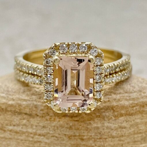 Emerald Cut Morganite Diamond Halo Wedding Ring Set Yellow Gold LS6758
