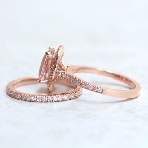 Genuine Peachy Pink Morganite Diamond Bridal Ring Set Rose Gold LS6756