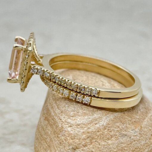Morganite Bridal Ring Set Diamond Cathedral Shank Yellow Gold LS6758