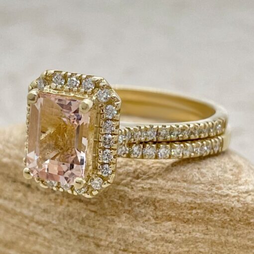 Peach Pink Morganite Diamond Shank Wedding Ring Set Yellow Gold LS6758