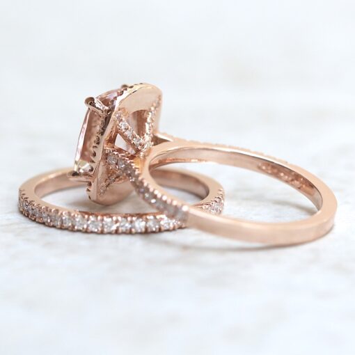 Peach Pink Morganite Ring Set Diamond Cathedral Shank Rose Gold LS6756
