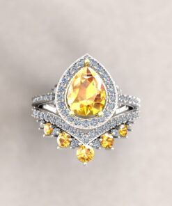 Pear Cut Yellow Sapphire Diamond Ring Set White Gold Platinum LS6207
