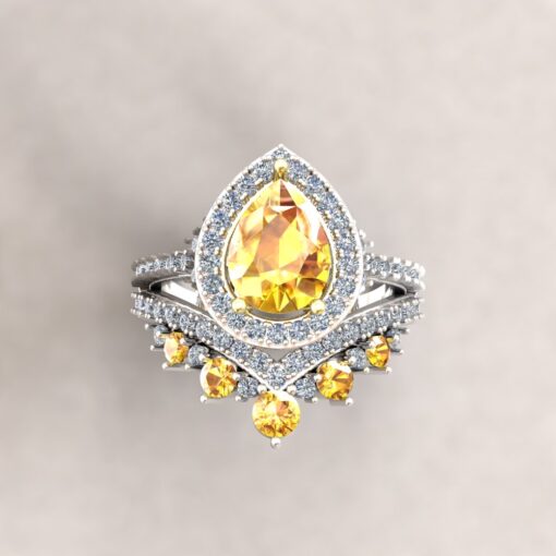 Pear Cut Yellow Sapphire Diamond Ring Set White Gold Platinum LS6207