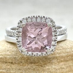 Pink Morganite Halo Ring Set Diamond Halo White Gold Platinum LS6778