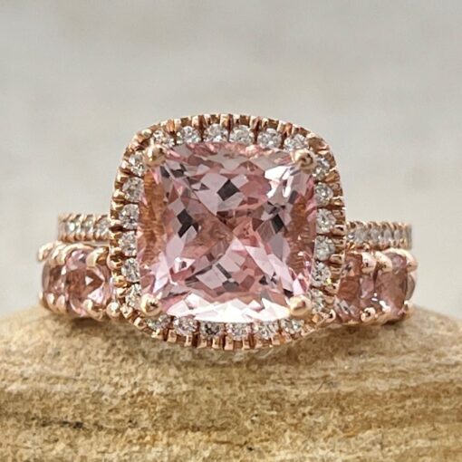 Rare Pure Pink Morganite Ring Bridal Set Diamond Halo Rose Gold LS6769