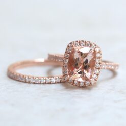 Rectangular Cushion Cut Morganite Engagement Ring Set Rose Gold LS6756