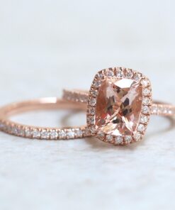 Rectangular Cushion Cut Morganite Engagement Ring Set Rose Gold LS6756
