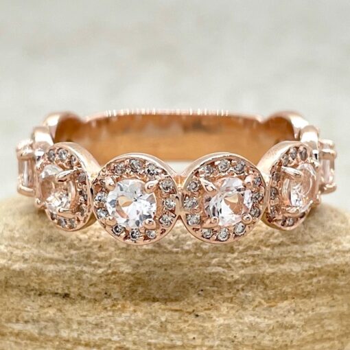 Round Morganite Wedding Band with Diamond Halos 18k Rose Gold LS5106