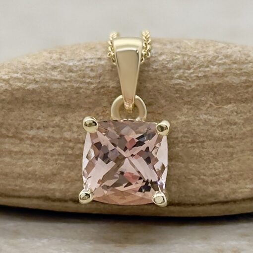 Square Cushion Cut Morganite Pendant Diamond Halo Yellow Gold LS5393