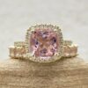 Square Cushion Cut Pink Morganite Wedding Ring Set Yellow Gold LS6768