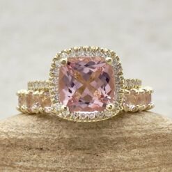 Square Cushion Cut Pink Morganite Wedding Ring Set Yellow Gold LS6768