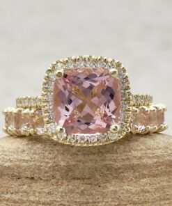 Square Cushion Cut Pink Morganite Wedding Ring Set Yellow Gold LS6768