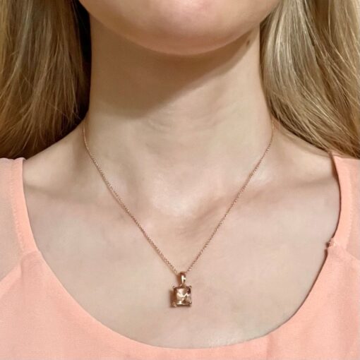 Square Cushion Peachy Pink Morganite Diamond Necklace Rose Gold LS5393