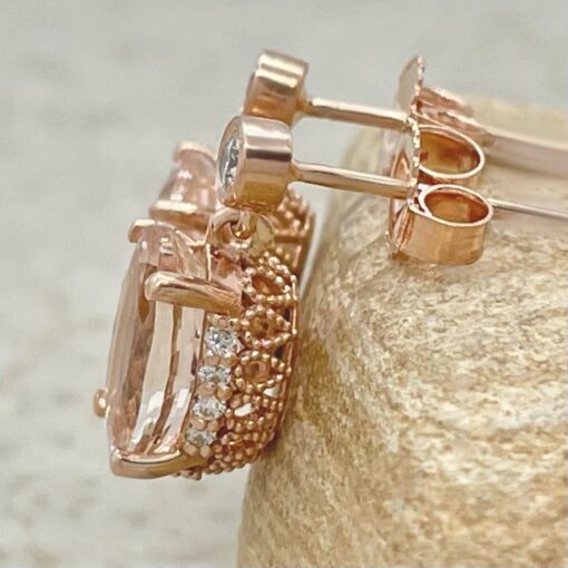 AAA Peach Pink Morganite Diamond Halo Dangle Earrings Rose Gold LS6861
