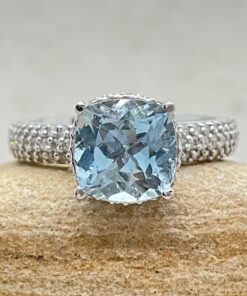 Blue Cushion Cut Aquamarine Engagement Ring White Gold Platinum LS6445