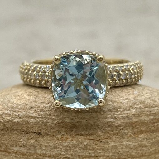 Cushion Cut Blue Aquamarine Diamond Engagement Ring Yellow Gold LS6445