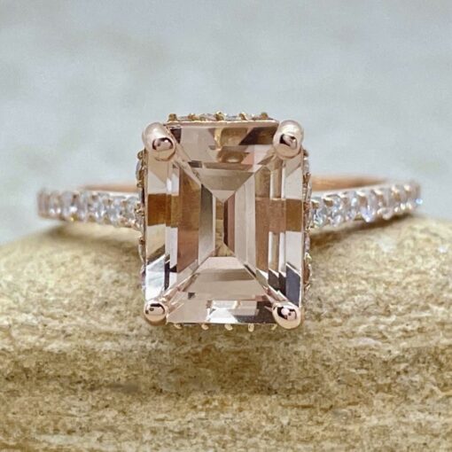 Emerald Cut Morganite Engagement Ring White Diamonds Rose Gold LS6542