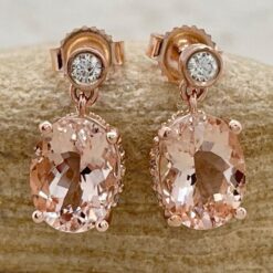 Peach Pink Morganite Gemstone Diamond Dangle Earrings Rose Gold LS6861