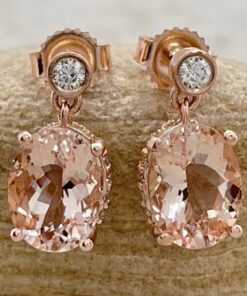 Peach Pink Morganite Gemstone Diamond Dangle Earrings Rose Gold LS6861