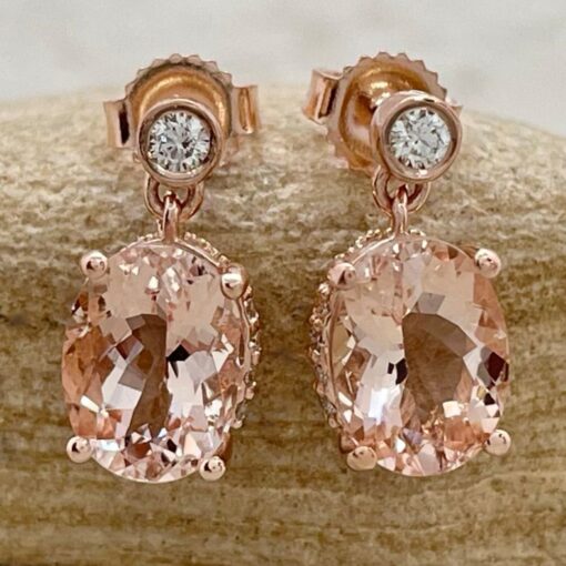 Peach Pink Morganite Gemstone Diamond Dangle Earrings Rose Gold LS6861