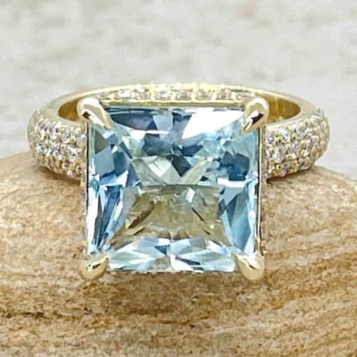 Princess Blue Aquamarine Ring Lab Organic Diamonds Yellow Gold LS6397