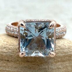 Princess Cut Blue Aquamarine Diamond Engagement Ring Rose Gold LS6397