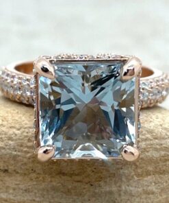 Princess Cut Blue Aquamarine Diamond Engagement Ring Rose Gold LS6397