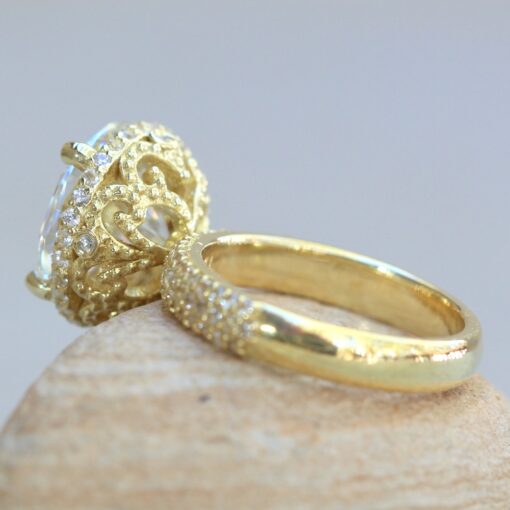 Round Cut Moissanite Engagement Ring Heart Filigree Yellow Gold LS6798