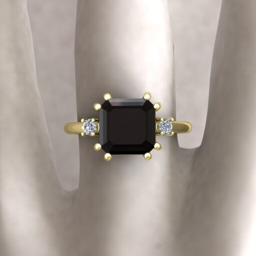 Custom Square Cut Black Diamond and White Diamond Three Stone Ring - Image 5