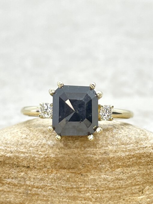 Custom Square Cut Black Diamond and White Diamond Three Stone Ring - Image 2