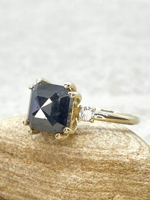 Custom Square Cut Black Diamond and White Diamond Three Stone Ring - Image 3