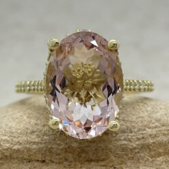 Oval Pink Morganite Ring with Moissanite Hidden Halo 14k yellow LS6790