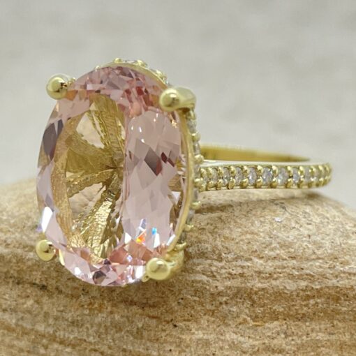 Pink Morganite Ring with Moissanite Halo and Filigree 18k yellow LS6790