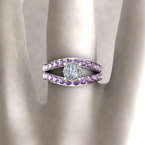 Custom Princess Cut Diamond and Amethyst Ring with Tourmaline Bands - Image 6