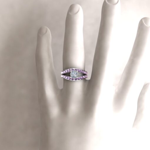 Custom Princess Cut Diamond and Amethyst Ring with Tourmaline Bands - Image 7