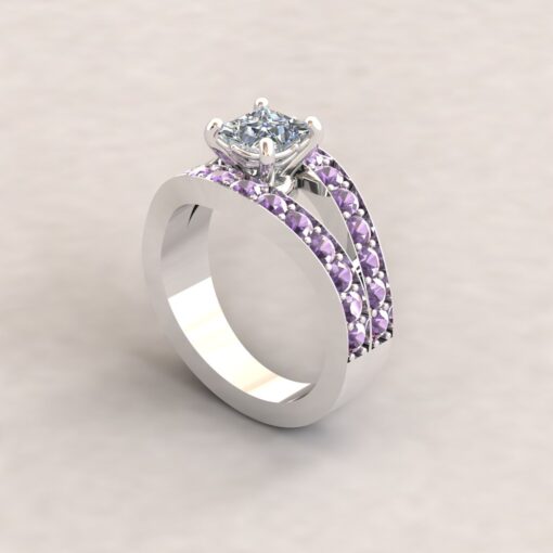 Custom Princess Cut Diamond and Amethyst Ring with Tourmaline Bands - Image 8