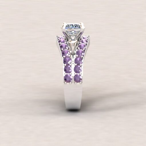 Custom Princess Cut Diamond and Amethyst Ring with Tourmaline Bands - Image 9