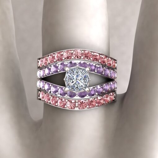 Custom Princess Cut Diamond and Amethyst Ring with Tourmaline Bands - Image 10