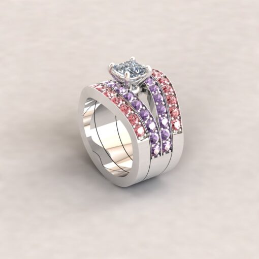 Custom Princess Cut Diamond and Amethyst Ring with Tourmaline Bands - Image 12