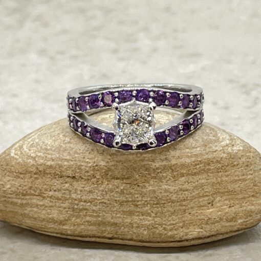 Custom Princess Cut Diamond and Amethyst Ring with Tourmaline Bands - Image 2