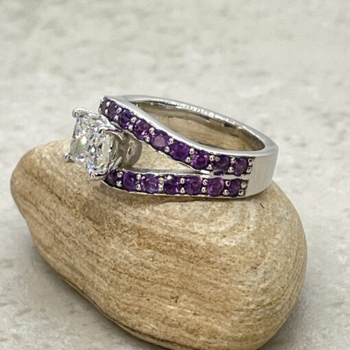 Custom Princess Cut Diamond and Amethyst Ring with Tourmaline Bands - Image 3