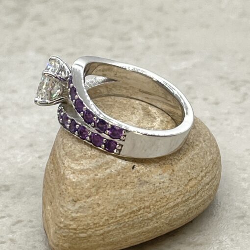 Custom Princess Cut Diamond and Amethyst Ring with Tourmaline Bands - Image 4