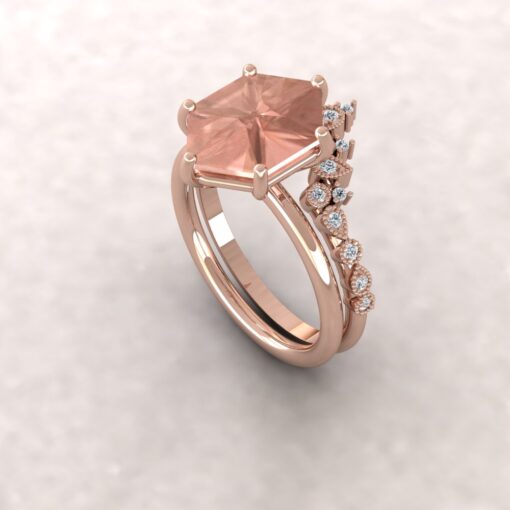 Custom Cut Hexagon Morganite Engagement Ring with Diamond Crown Wedding Ring - Image 5