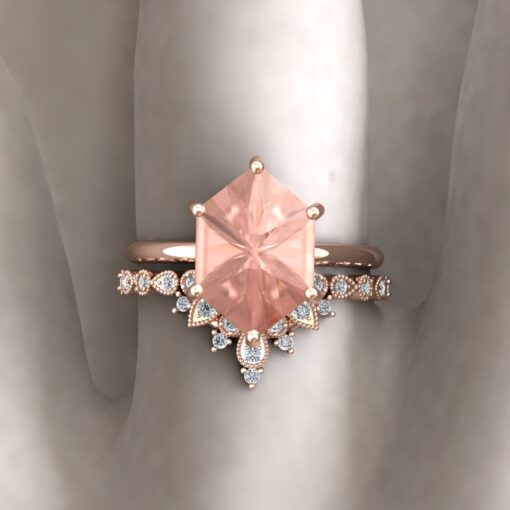 Custom Cut Hexagon Morganite Engagement Ring with Diamond Crown Wedding Ring - Image 4