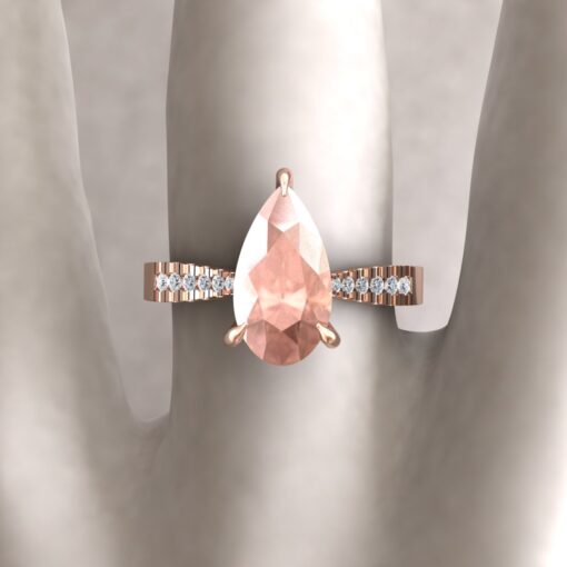 Custom Elongated Pear Cut Morganite and Diamond Ring - Image 2